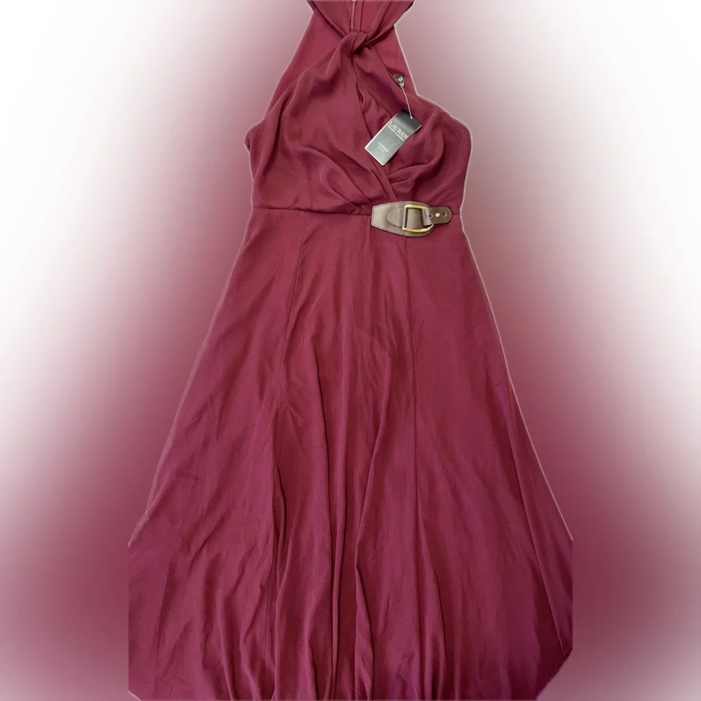 NWT Ralph Lauren Buckle Trim Georgette Halter Gown - Picture 5 of 11